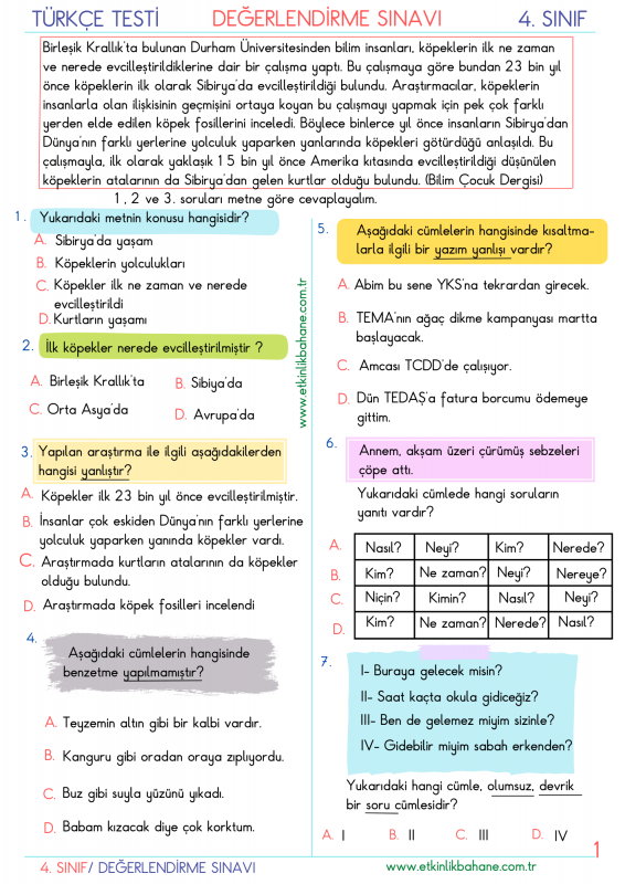 4. Sınıf Nisan Ayı Deneme Sınavı ve Cevapları