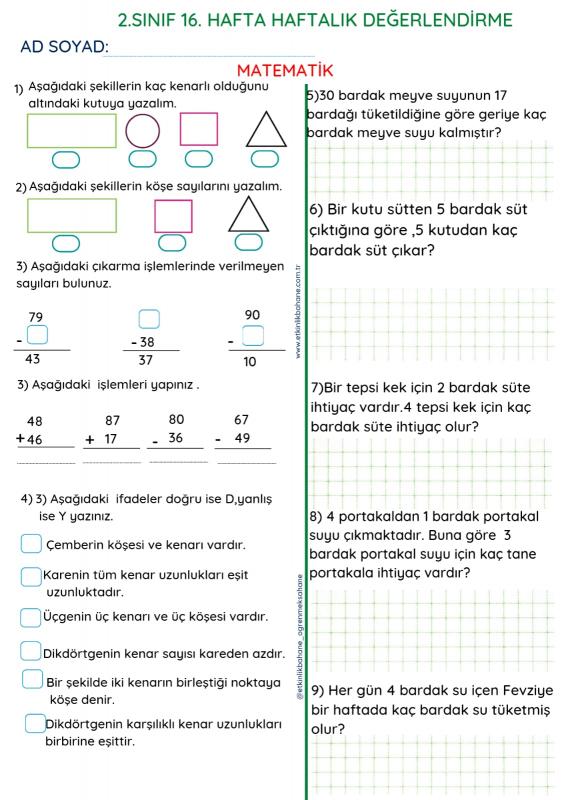 2.Sınıf Haftalık Değerlendirme ve Çözümleri- 16. Hafta