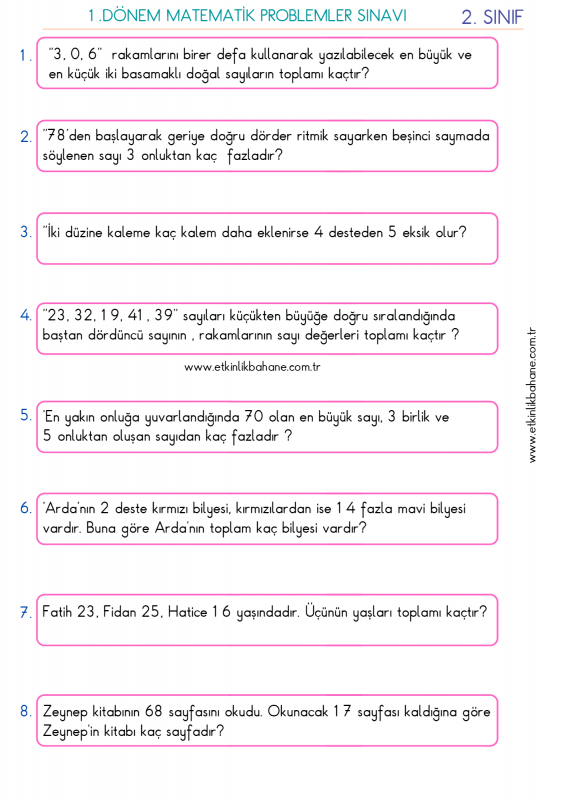 2. Sınıf  1.Dönem Problemler ve Çözümleri