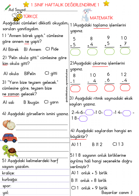 1. Sınıf Haftalık Değerlendirme 1