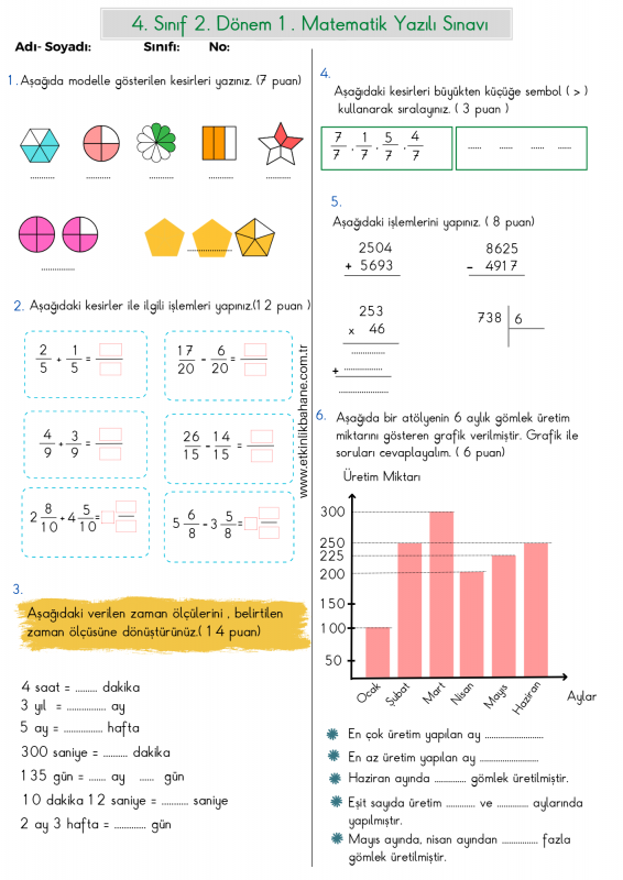 4. Sınıf Matematik 2. Dönem 1. Yazılı ve Cevapları