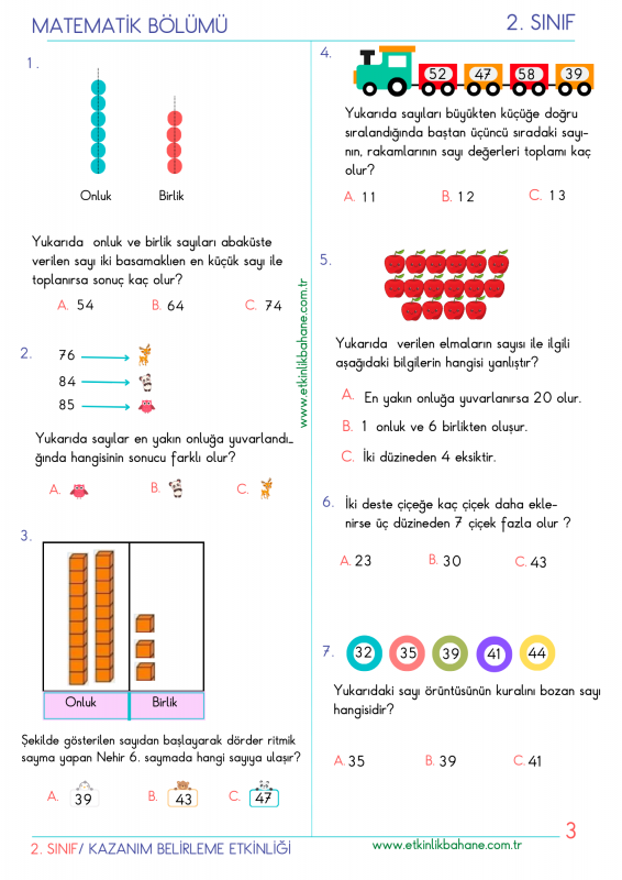 2. Sınıf Kazanım Belirleme Etkinliği 1 ve Cevap Anahtarı